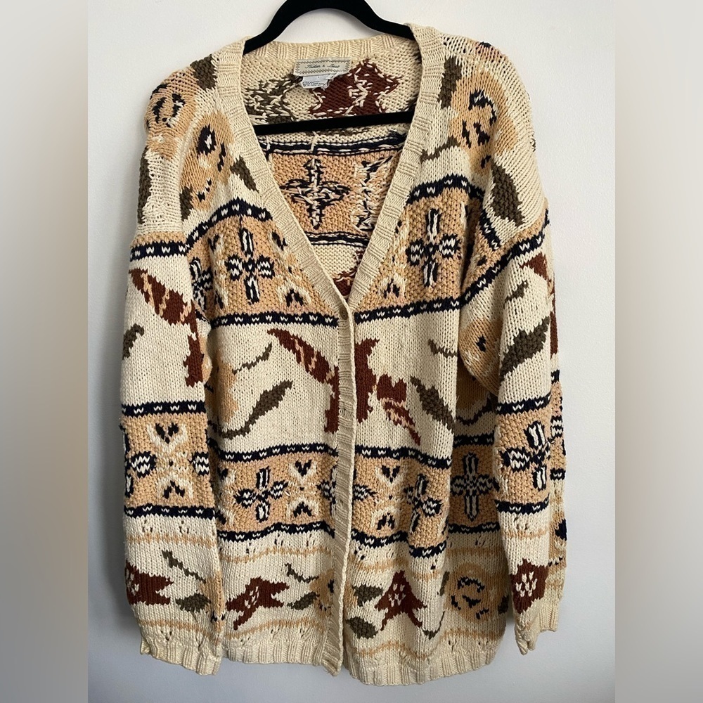 Vintage Cotton Oversized Heavy Knit Cardigan - Neutral Tones - M Medium